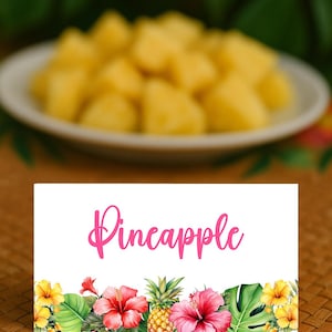 Cartão de lugar com comida Luau editável, decorações de aniversário Luau para impressão, cartões de mesa de bufê, festa havaiana, decoração tropical, Corjl, HLRP