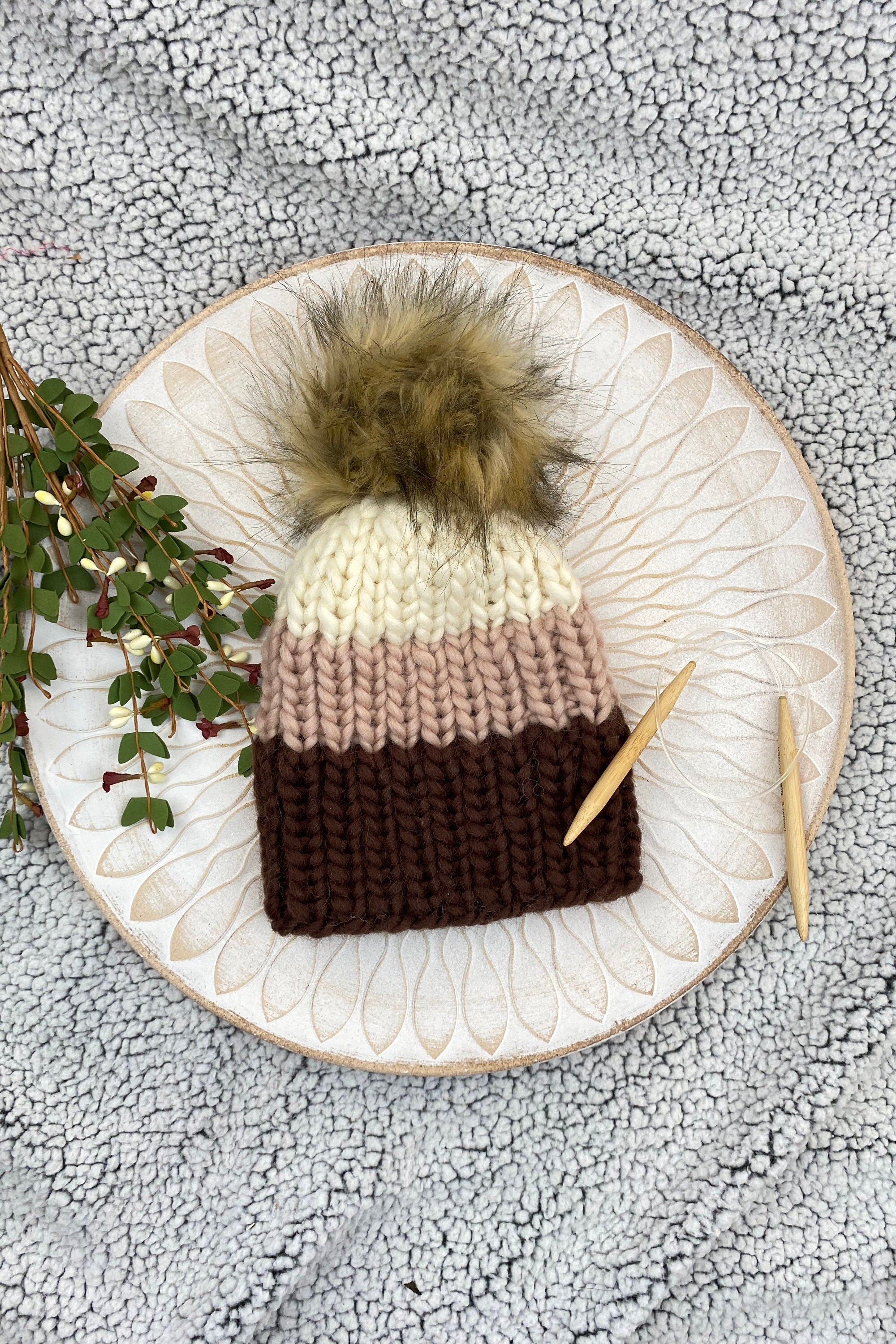 Handmade Chunky Wool Knit Hat: Tri-color Beanie With Faux  display picture 3