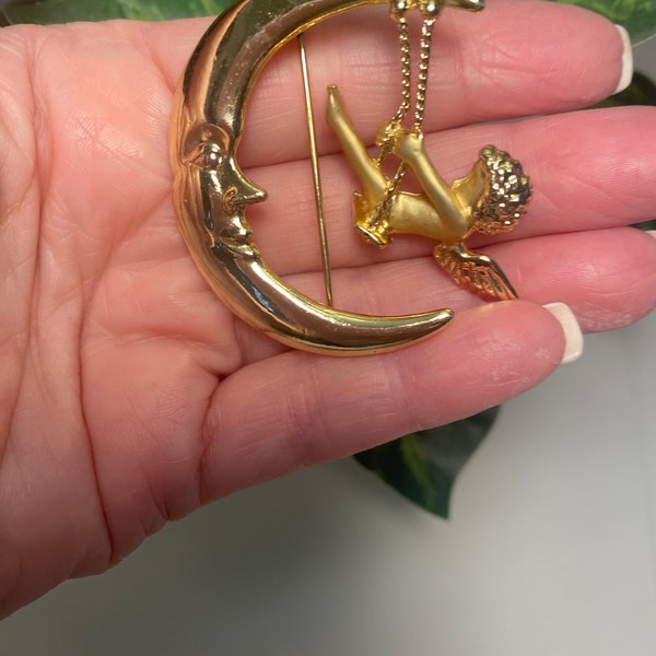 Vintage Jewelry Signed AJC Brooch Gold Toned Crescent Moon Swinging Cupid Angel Cherub