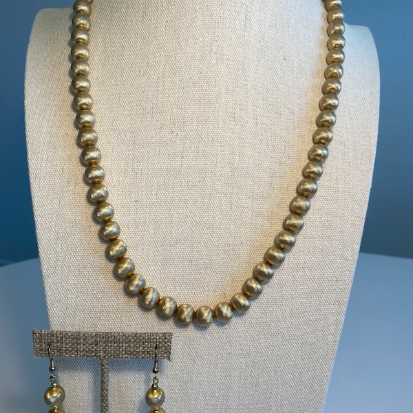 Vintage Jewelry Signed Monet Necklace Textured Gold Toned Metal Beads with Matching  Earrings.  Great Gift