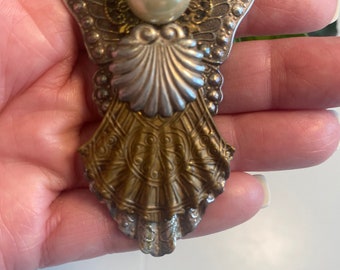 Vintage Jewelry Angel Brooch Mixed Media Metal Filigree Halo Faux Pearl Face