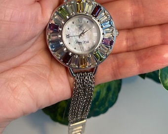Vintage Jewelry Victoria Wieck Beverly Hills Genuine Gemstone Bracelet Silver Tone Chain Watch Gift for Her