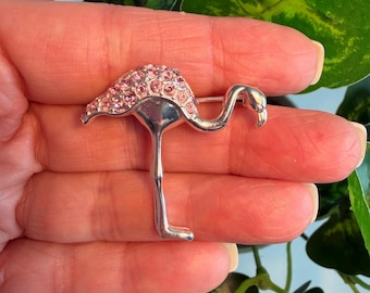 Vintage Silver Tone Flamigo Pin Pink Crystal Rhinestones