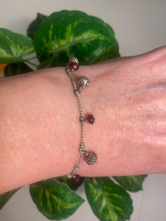 Brighton Silver Plated Vintage Charm Bracelet Silver Charms and Lucíte Faux Red Garnet Beads