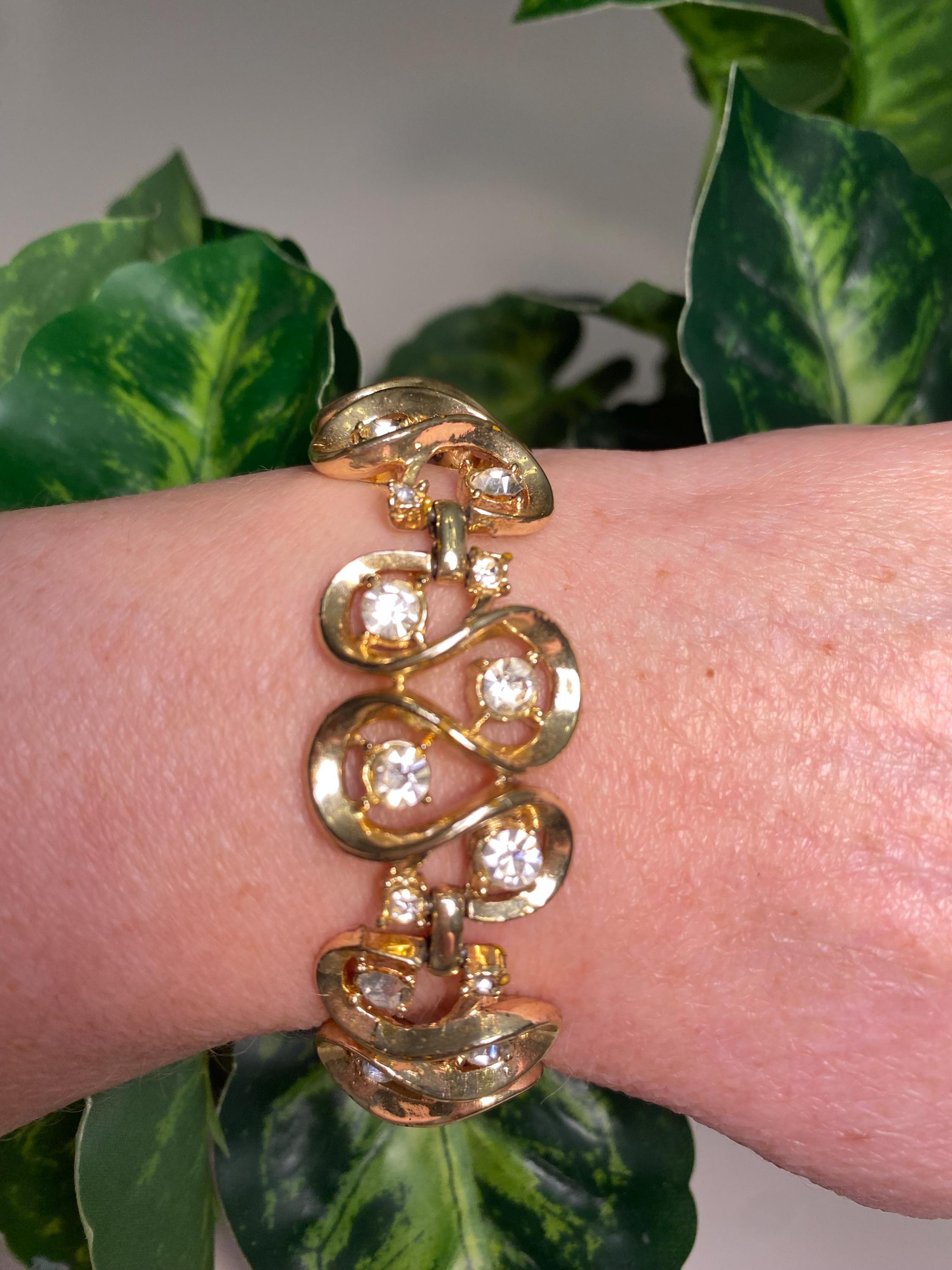 Coro Vintage Jewelry Circa 1950s Gold Tone Bracelet Chaton Set Rhinestones Safety Chain Gift for Her