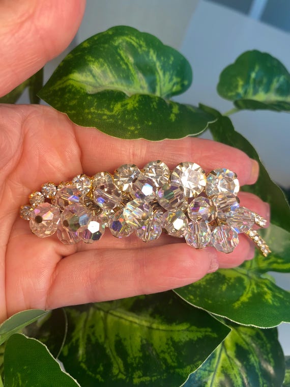 Vintage Jewelry Juliana Brooch Gold Tone Grapes Leaf Clear Crystals Aurora Borealis Cha Cha Beads Great Gift