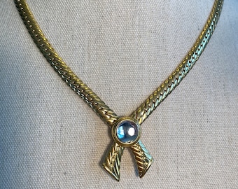 Vintage Jewelry Signed Joan Rivers Flat Snake Gold Toned Necklace with Clear Sliding Cabochon