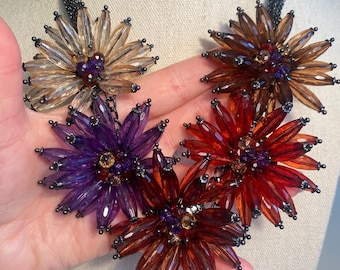 Joan Rivers Vintage Jewelry Chunky Statement Necklace Multistrand Gunmetal Silver Tone Chains Multicolored Beaded Flowers