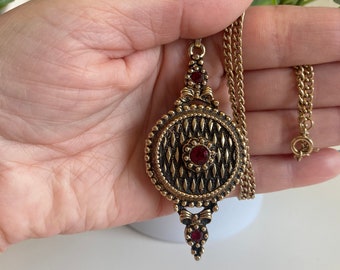 Jewelry Vintage Necklace Antiqued Gold Art Nouveau Faux Ruby Rhinestones Perfume Pendant Locket Gift for Her