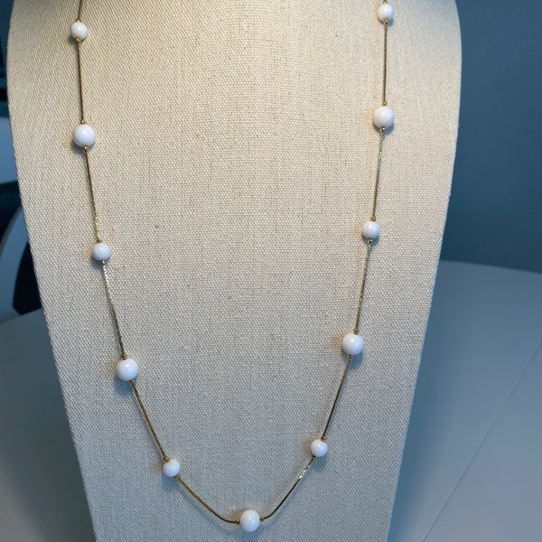Vintage Jewelry Necklace Signed Trifari Gold Tone Chain with White Beads Station Necklace