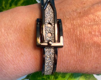 Vintage Belt Bangle Bracelet Silver Gunmetal Tone Glitter Sparkling Band