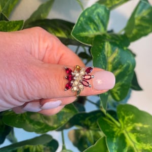 Vintage Cocktail Statement Gold Tone Ring Faux Rubies and Diamonds