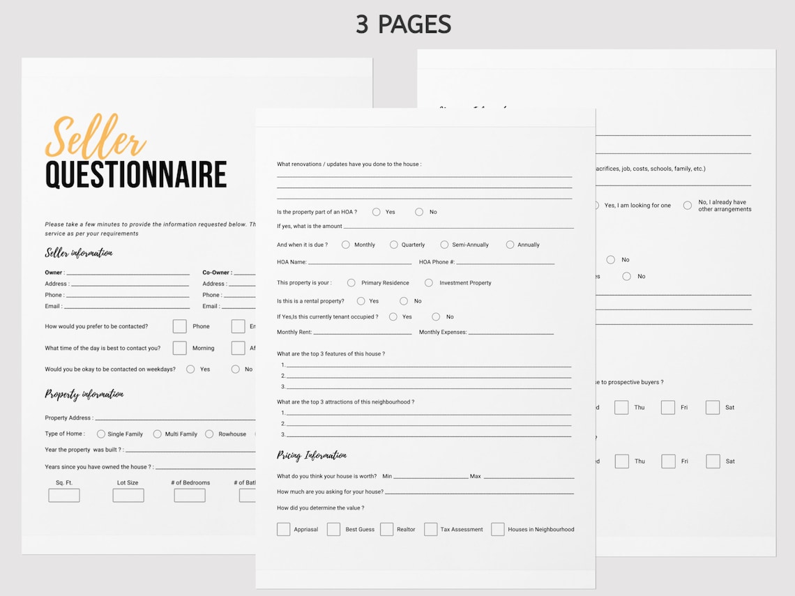 Seller Questionnaire Real Estate template Seller Form Realtor Etsy