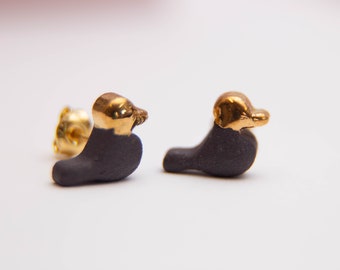 Birds black porcelain earrings with gold lustre, handmade jewelry