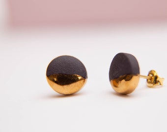 Black porcelain earrings with gold luster, handmade jewelry