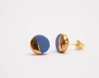 Blue porcelain earrings with gold luster, handmade jewelry