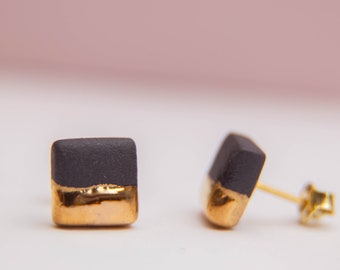 Black porcelain earrings with gold luster, handmade jewelry