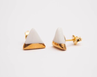 White porcelain earrings with gold luster, handmade jewelry