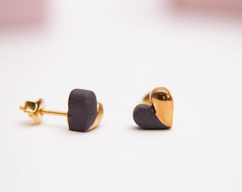 Hearts black porcelain earrings with gold luster, handmade jewelry