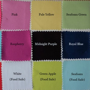 May include: A collection of 15 fabric swatches in various colors, including Barbie Pink, Pink, Pale Yellow, Seafoam Green, White, Cyan, Raspberry, Midnight Purple, Royal Blue, Red (Food Safe), White (Food Safe), Green Apple (Food Safe), Seafoam (Food Safe), and Stone Grey (Antimicrobial).