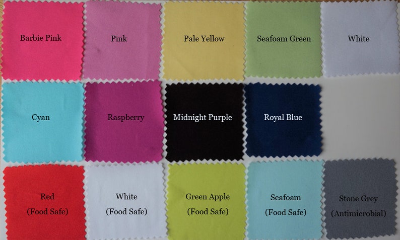 May include: A collection of 15 fabric swatches in various colors, including Barbie Pink, Pink, Pale Yellow, Seafoam Green, White, Cyan, Raspberry, Midnight Purple, Royal Blue, Red (Food Safe), White (Food Safe), Green Apple (Food Safe), Seafoam (Food Safe), and Stone Grey (Antimicrobial).