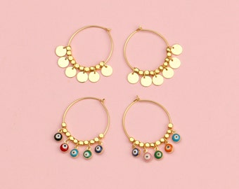 Gold Plated Hoops Evil Eye Or Plate Beaded