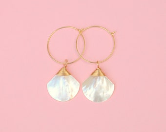 White Mother Of Pearl Hoop Pendant Earrings