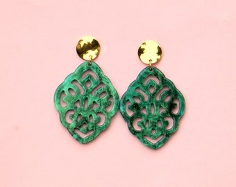 Green Ornament Acetate Earrings