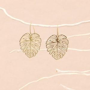 Brass Monstera Leaf Earrings image 5