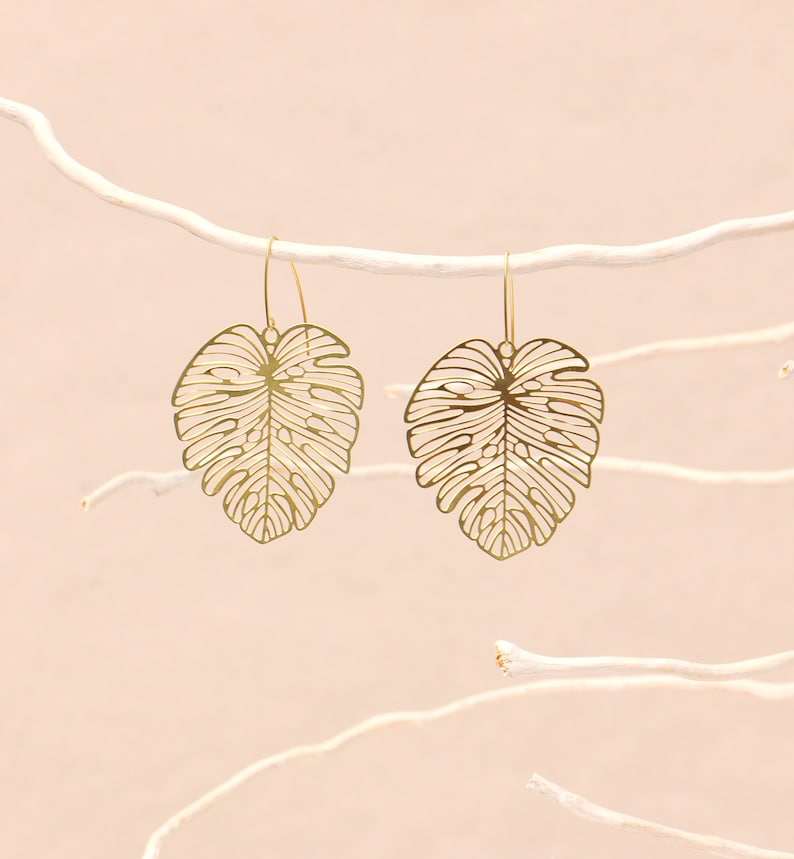 Brass Monstera Leaf Earrings image 5