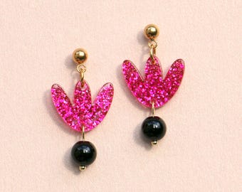 Pink Glitter Little Tulip Drop Earrings