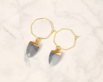 Gold Plated Octagon Hoops with Gray Quartz Pendants