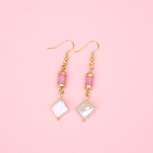 Keshi Pearl Earrings With Pink Jade Pendants