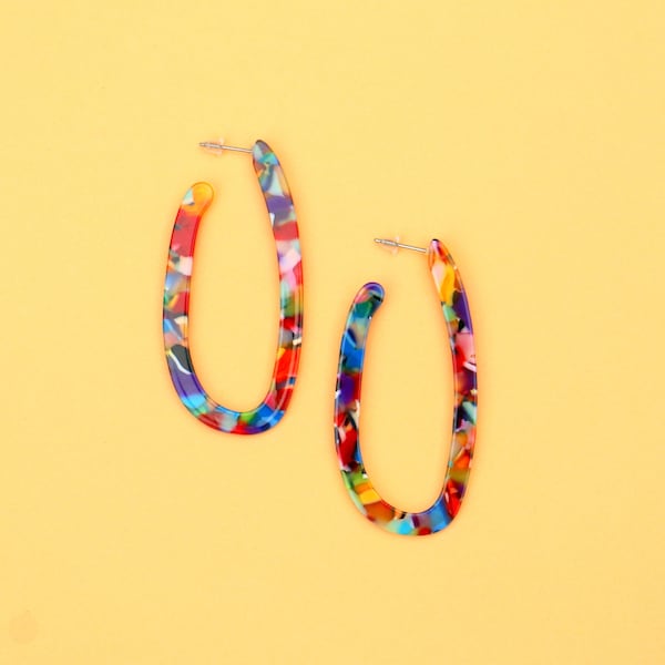 Long Colorful Oval Acetate Hoop Earrings Multicolor