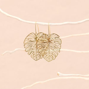 Brass Monstera Leaf Earrings image 3