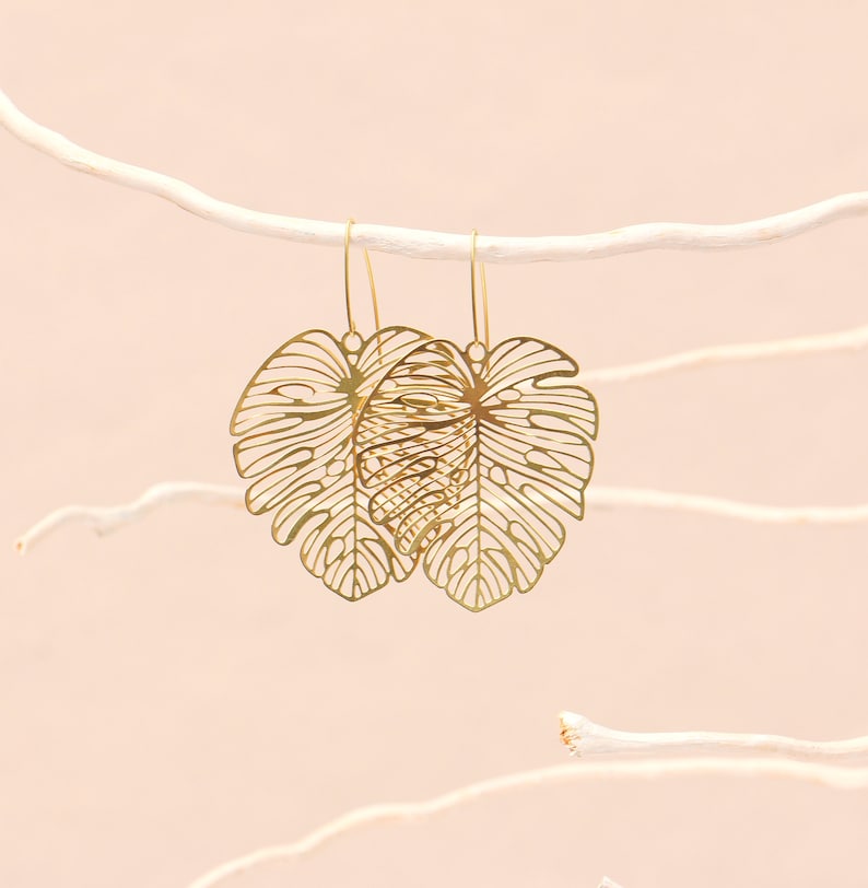 Brass Monstera Leaf Earrings image 3