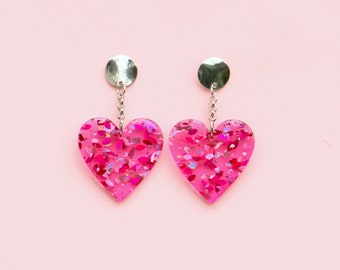 Cute and Fun Heart Statement Earrings Pink Glitter