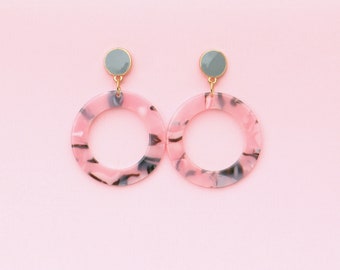 Pink Gray Circle Acetate Earrings