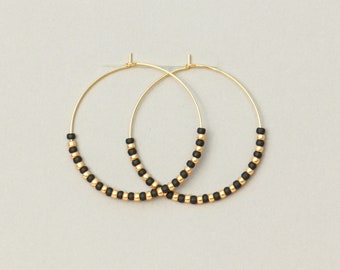 Gold Black Seed Bead Hoops