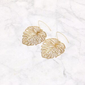 Brass Monstera Leaf Earrings image 2