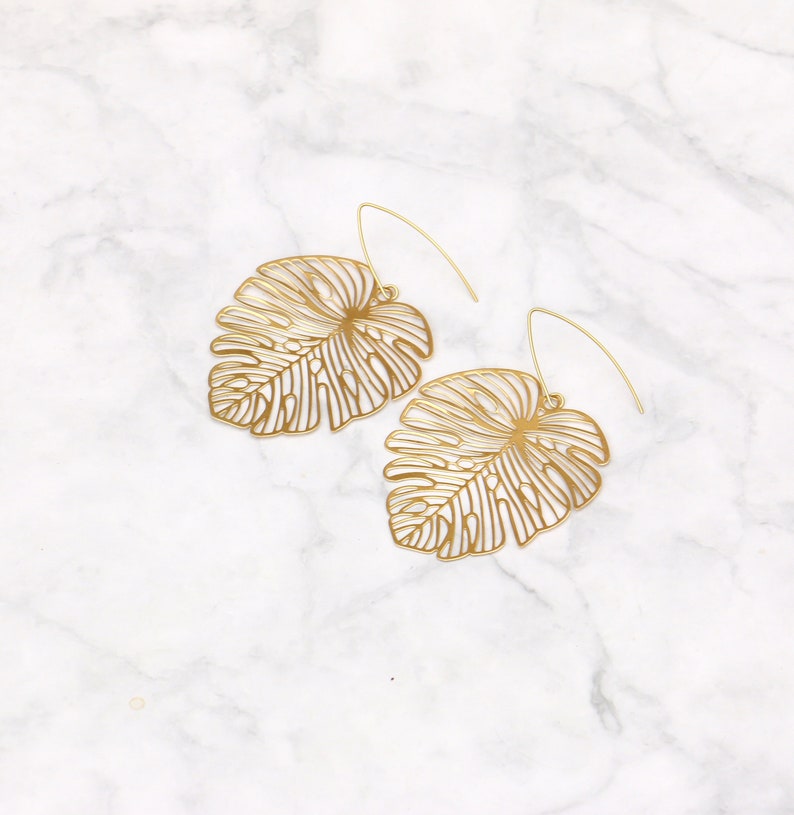 Brass Monstera Leaf Earrings image 2