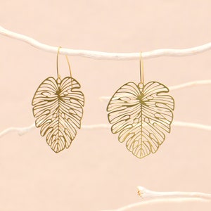 Brass Monstera Leaf Earrings image 1