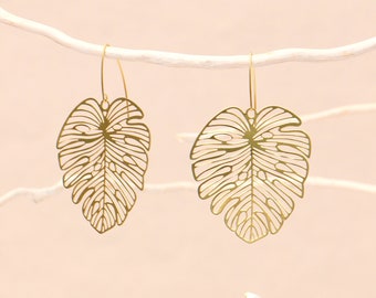 Brass Monstera Leaf Earrings