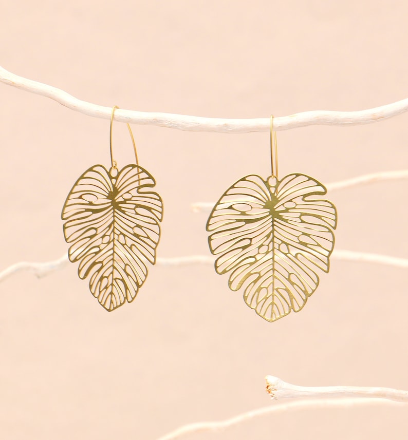 Brass Monstera Leaf Earrings image 1