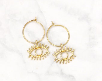 Small Brass Hoop Earrings With Evil Eye Pendant