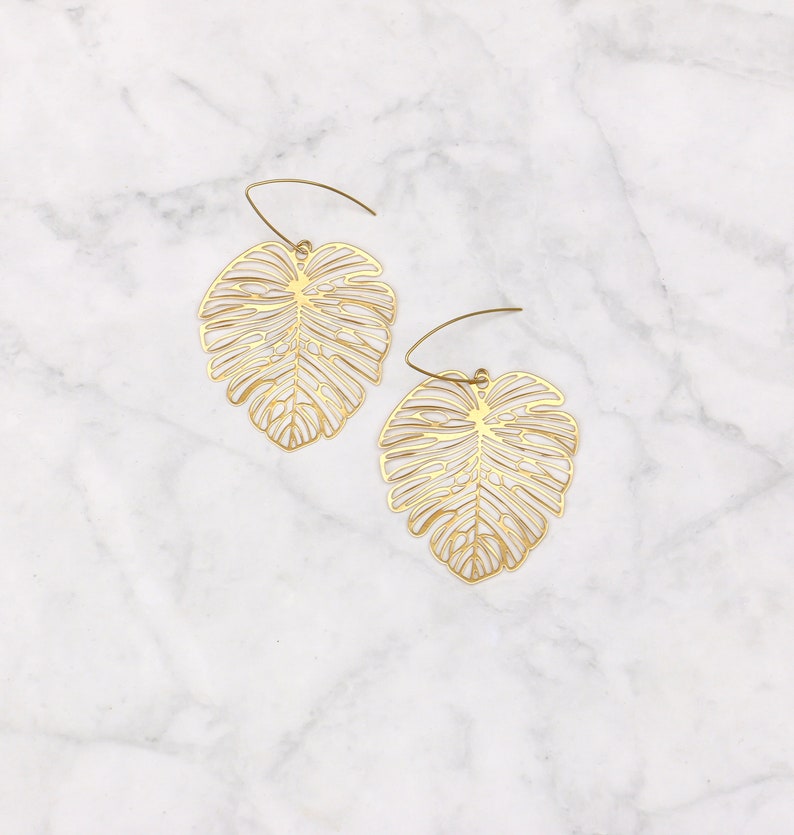 Brass Monstera Leaf Earrings image 4