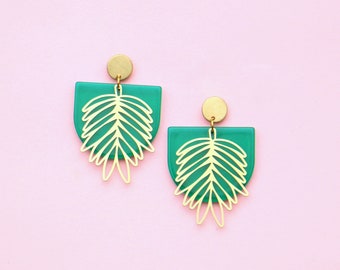 Emerald Acrylic Statement Earrings With Brass Leafs