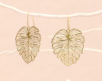 Brass Monstera Leaf Earrings