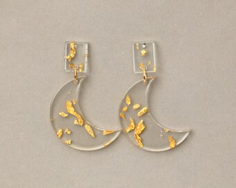 Half Moon Clear Acrylic Gold Foil Earrings