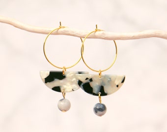 Statement Hoop Earrings With Acetate Half Circle Pendants and Jade Beads